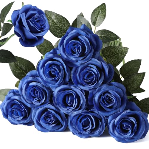 Nubry Artificial Silk Rose Flower Bouquet Lifelike Fake Rose for Wedding Home Party Decoration Event Gift 10pcs (Blue)