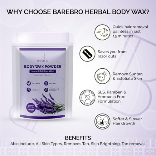 Image of Lavender Hair Removal Wax Powder for Women & Men | Professional & Painless Herbal Wax Powder with Natural Ingredients for All Skin Types | Quick, Easy to Apply Hair Removal for Smooth Skin with No Irritation or Skin Rashes 100 Gms