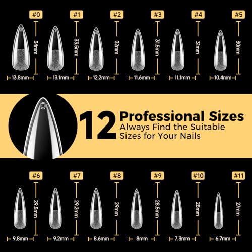 Image of UNA GELLA Long Stiletto Gel Nail Tips 600Pcs Pre Etched Long Stiletto Almond Nail Tips Clear Fake Nails Press on Nails No C Curve for DIY Art Salon at Home 12 Sizes