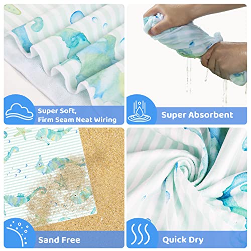 Airensky Kids Beach Towel, 58" X 28" Microfiber Personalized Towel Pool Towels, Super Absorbent And Sand Free, Quick Dry Portable Girls Boys Towel For Swim Camp Travel(Green Seahorse) #TOP1