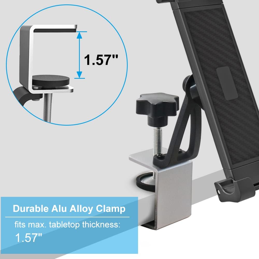 woleyi Under Cabinet Tablet Mount, Kitchen iPad Holder for Desk/Shelf/Board/Chair, 360° Adjustable Metal Clamp Stand for iPad Pro Air Mini, Galaxy Tabs, Z Fold, Fire, Surface, Switch, 4.7-13" Devices