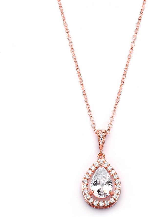 Rose Gold Cubic Zirconia Crystal Bridal Necklace, Teardrop Pendant Wedding Prom Jewelry Gift