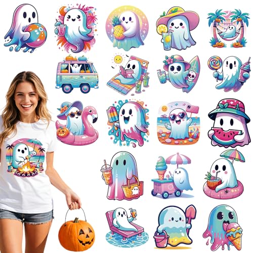 INCOK Summer Halloween Iron on Transfers Sticker for T-Shirts - 20 Sheets Cute Ghost DTF Transfers Ready to Press Ice Cream Beach Heat Decals Vinyl Design for Backpack Hat Bag Dress DIY Craft