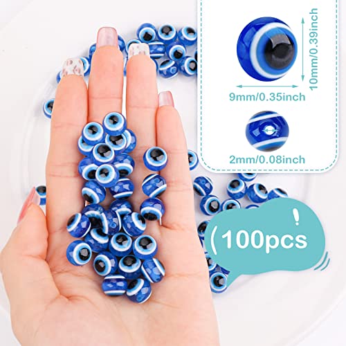 Abeillo 100Pcs Blue Evil Eye Beads For Jewelry Making, 10Mm Evil Eye Charms Handmade Resin Round Bead Evil Eye Spacer Beads Charms For Bracelets Necklace Craft Making #TOP1
