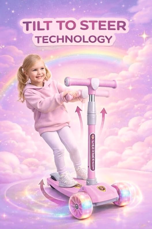Image of Kids Foldable Kick Scooter with 4 Level Adjustable Height & LED PU Wheels | for Ages 3-14 Years | Rear Brake | 50 kg Weight Capacity | Color Pink