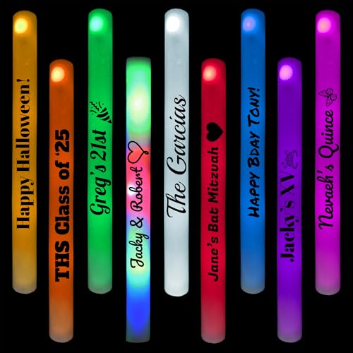 Mr Party King Pack of 12 Custom LED Party Foam Light Sticks Batons for Quinceaneras, Sweet 16, Bat Mitzvah, Parties, Birthdays, Guests, Party, Promotions 3 Color Lighting Modes Batteries 16"