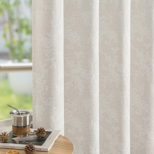 FMFUNCTEX Beige Floral Jacquard Blackout Curtains 63 Inch Length for Bedroom, Scroll Flower Chenille Farmhouse Curtains for Living Room Darkening Thermal Insulated Grommet Window Drapes 2 Panels
