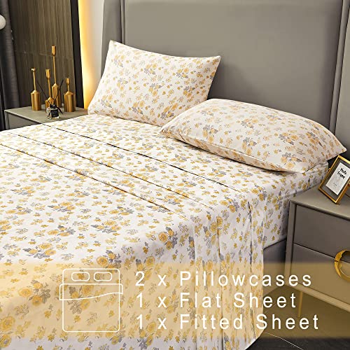 Softan Yellow Floral Bed Sheets Queen, Flower Queen Size Sheets Set - 100% Microfiber Printed Patterned Fitted Sheet With 15" Deep Pocket F, 4 Piece Vintage Floral Bed Sheet & Pillowcase Sets #TOP6