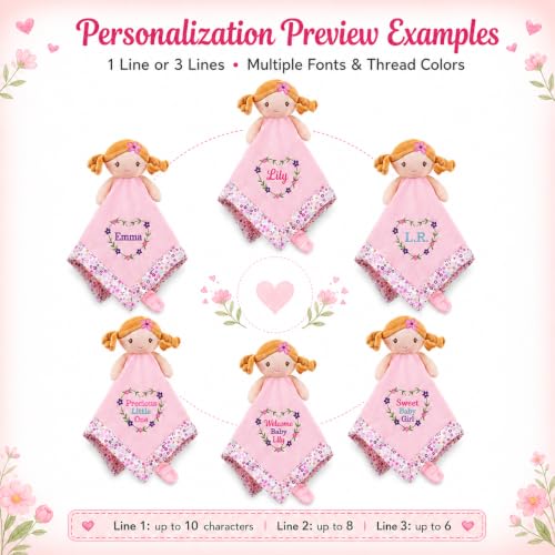 Image of June Garden Personalized Baby Girl Lovey Blanket Zuri - 15 inch x 15 inch Plush Comforter with Rattle Doll Head, Custom Name Embroidery Security Blanket with Toy Attachment Strap