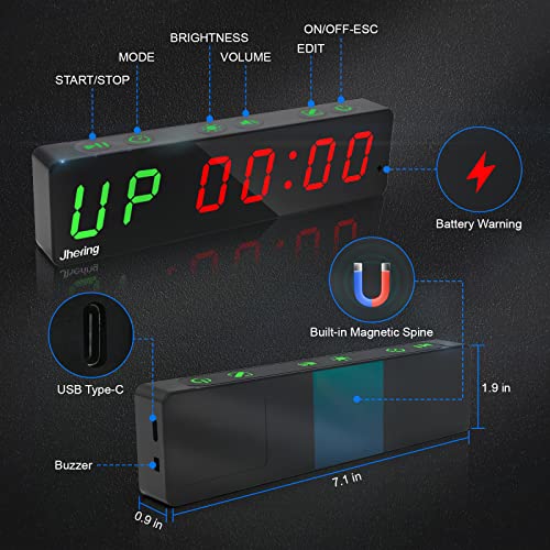Jhering Gym Timer, Portable, Interval Timer With Rechargeable Battery And Built-In Magnet, Large Led Digital Anti Vertigo Display, Upgraded Workout Clock For Home Gym Garage Fitness Boxing 1" #TOP1
