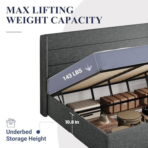 Allewie King Size Lift Up Storage Bed, Modern Wingback Headboard, Hydraulic Support, No Box Spring Needed, Dark Grey