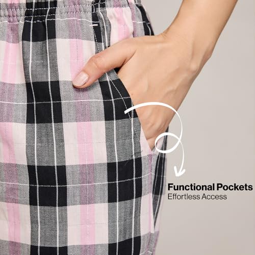 Image of Nykd (NYS141) Checked Pure Cotton Pyjama Sleepwear Pants for Women | Relaxed Fit with Non-Slip Elasticated Waistband, Adjustable Drawcord & 2 Side Pocket | Ideal for Night, Lounge & Daily Wear