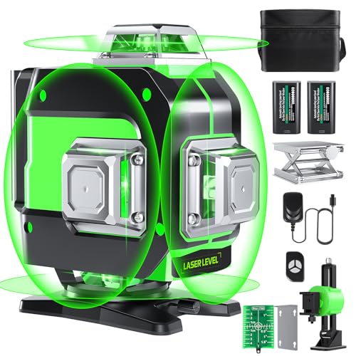 FELLAT Laser Level, 4x360° Self Leveling Green Cross Line Laser for Construction and Picture Hanging with Rechargeable battery, Remote Controller, Magnetic Rotating Stand by FELLAT - Used condition - US$51.23