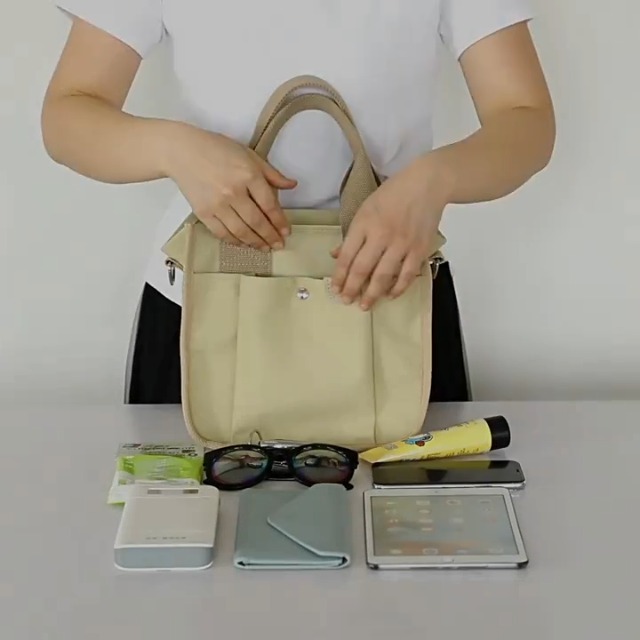 Bolso pequeño de lona tipo tote con cierre y múltiples bolsillos miniatura 7