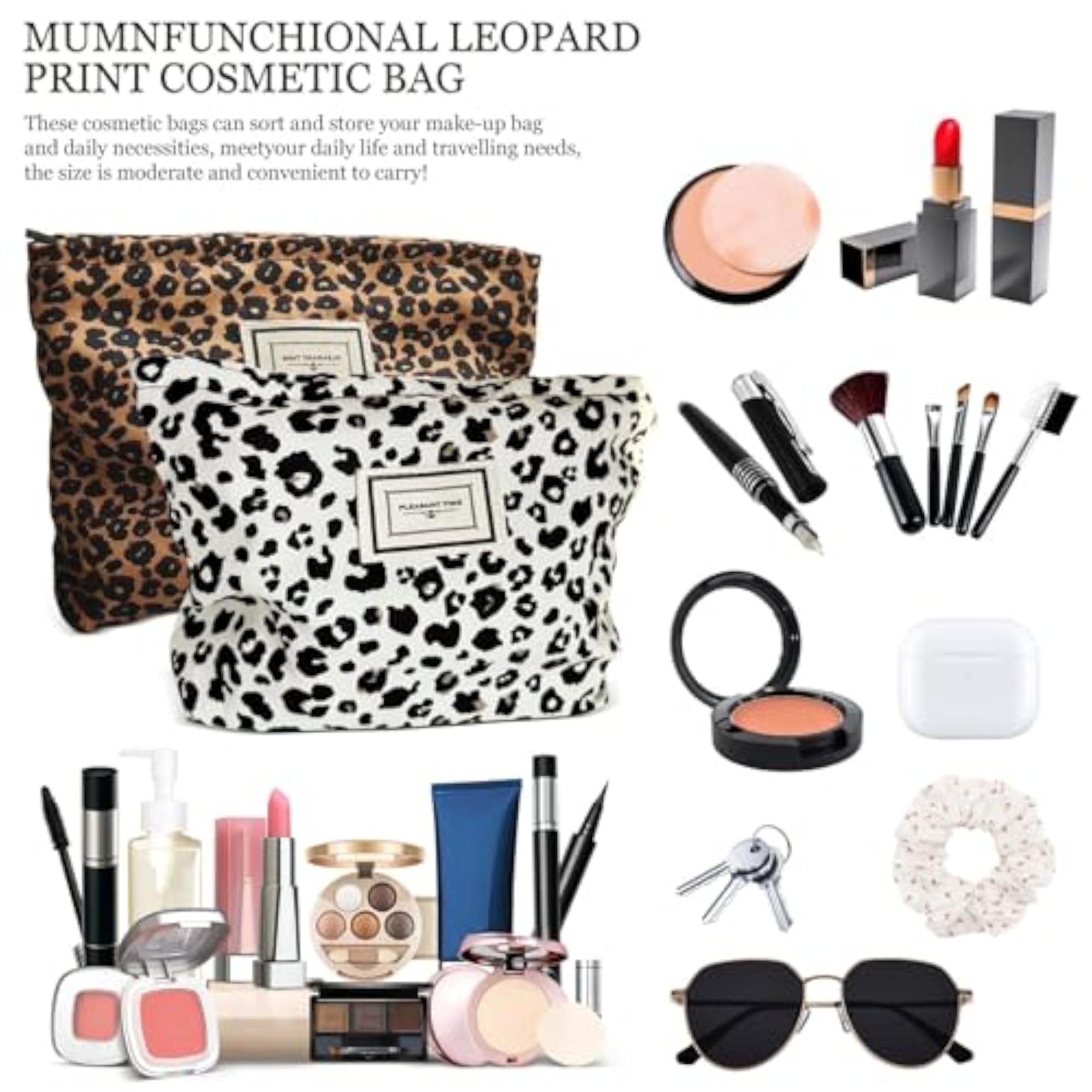 2 Pcs Leopard Print Makeup Bag, Portable Zipper Pouch