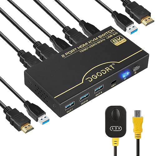 DGODRT HDMI 2.1 Switch KVM 8K@60Hz 4K@120Hz, 2 Prot KVM Switch con USB 3.0 para 2 PC que comparten teclado, ratón y un UHD Monitor, con 2 USB 3.0 Cable y 2 HDMI 8K Cables