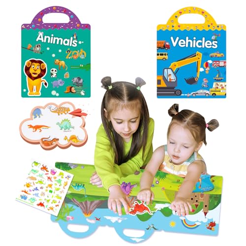 Reusable Sticker Books for Toddlers Plane Activities for Toddler Sticker Books 1-2 Years 2 Pack(Animals Vehicles)