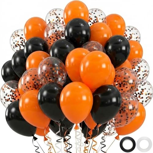 60pcs Black Orange Balloons 12 inch Orange and Black Confetti Halloween Party Balloons for Birthday Class of 2026 Graduation Party Decorations