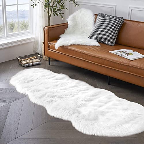 Latepis White Runner 2x6 Faux Sheepskin Fluffy Rug Furry Plush Rugs Faux Fur Sheep Skin Rug for Bedroom Sofa Throw Cushion Room Decor, Sheepskin