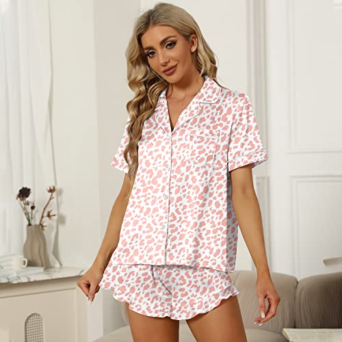 Sapjon Satin Silk Pajamas For Women 2Pcs Ruffle Notch Collar Sleepwear Button Down Short Sleeve Shorts Pjs Set Loungewear Pink Leopard #TOP4
