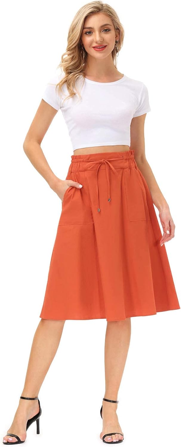 KANCY KOLE Women Casual Cotton Linen Skirts Frill Tie Waist A-Line Midi Skirt with Pockets S-XXL - Image 5