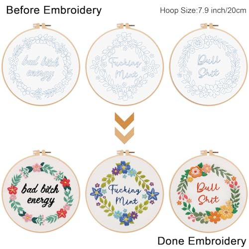 Image of Louise Maelys 3 Sets Funny Embroidery Kits for Beginners,Cross Stitch Kit with Adults,DIY Arts Craft with Flower Wreath Pattern,Including Cloth,Hoop,Instructions and Threads
