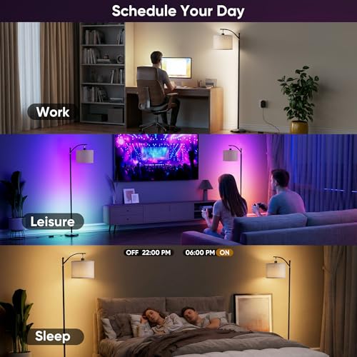 Image of Smart LED RGBCW Corner Lamp with Linen Lampshade Compatible with Alexa, Color Changing Standing Lamp with 16 Million DIY Colors, Music Sync, Tall lamp for Living Bedroom Room,APP /Voice /Remote Control