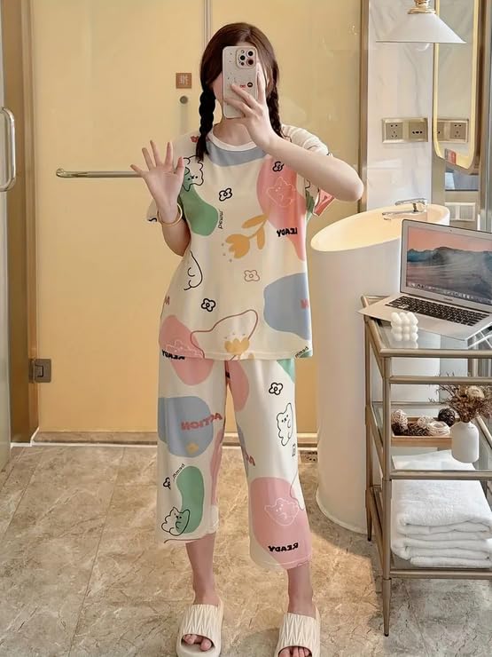 Image of Lunza Women's Cotton Pajama Set with Top & Pants|| Korean Night Suit|| Lightweight Printed Set || Soft & Comfy Sleepwear for Girls & Women