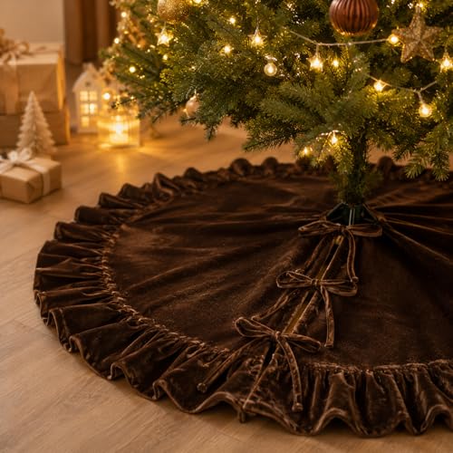 Image of Deggodech 122 cm / 48 Inches Chocolate Brown Ruffled Christmas Tree Skirt, Large Elegant Velvet Xmas Tree Skirt with Pleated Edge & Tie Closure, Festive Tree Base Cover for Home Holiday & Party Decor