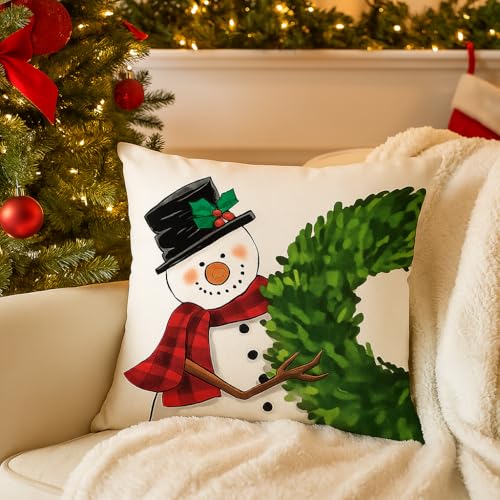 Image of PSDWETS Christmas Pillow Covers 18x18 Inch Set of 4 Christmas Decorations Santa Claus Snowman Pillows Winter Holiday Throw Cushion Case for Couch Sofa