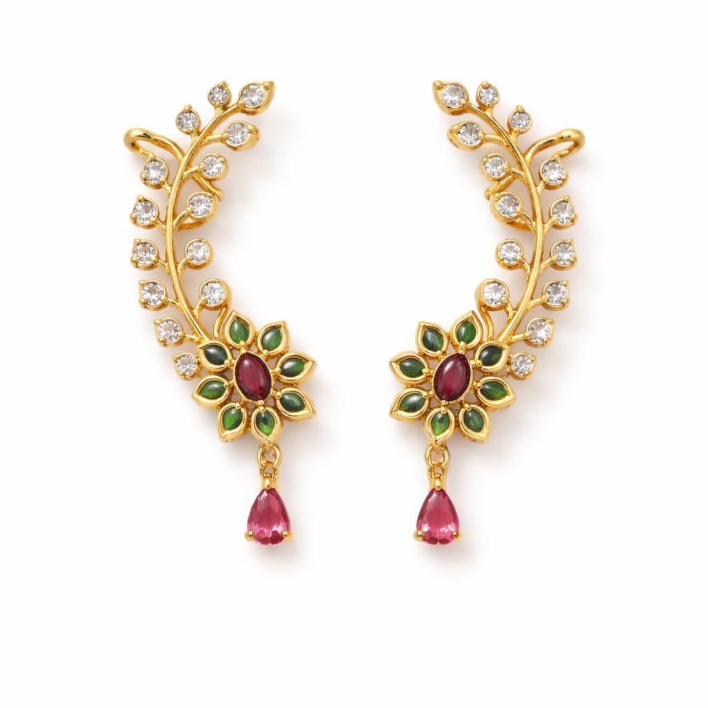 Floral Gold Plated Ear Cuff Earrings for Women | Ruby & Green Stone Ear Climber | Bridal Wedding Party Traditional Indian Jewellery | Statement Fancy Earrings-image-9