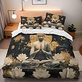 PJTUAUI Duvet Cover Sets King Size Buddha Statue Lotus Bedding Polyester Fabric Soft and Comfortable Bedroom Quilt Set Suitable for Teenagers Quilt Set Contains Two Pillowcases Without Filling