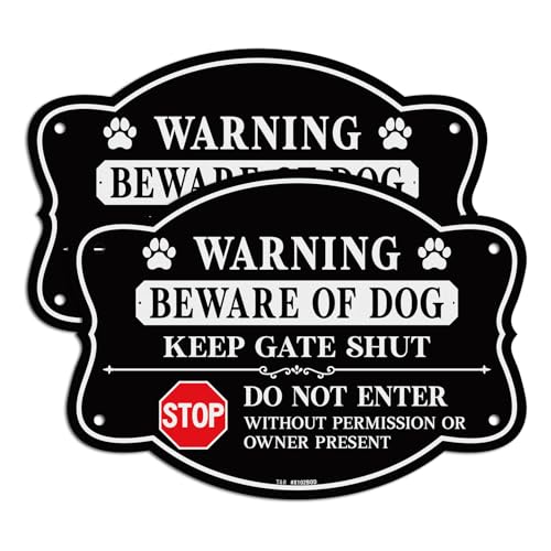 T&R Beware of Dog Sign Keep Gate Shut Do Not Enter Sign - 2 Pack - 9.5 x 6.8 Inches Rust Free .040 Aluminum Reflective - UV Protected Waterproof Weatherproof and Fade Resistant - 4 Pre-drilled Holes