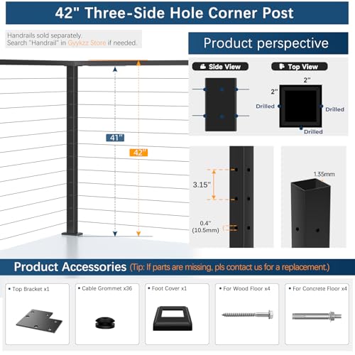 Image of 42 inch T-Drilled Corner Cable Railing Post, Three-Side Holes Stainless Steel T304 Corner Rail Post, Upgraded Black One-Post Corner Solution, Wire Metal Post for Indoor Outdoor Corner Railing