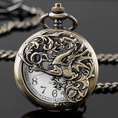 Image of Dragon Design Quartz Pocket Watch Roman Numerals with Chain Birthdays Gifts for Father's Days