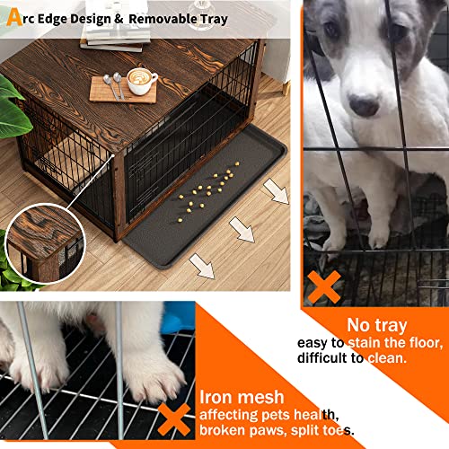 Megidok Wooden Dog Crate Furniture End Table, Double Doors Dog Crate With Slide Tray, Dog Kennels Indoor Side Table, Easy Installation, With ​Detachable Top Cover Rustic Style- 39* 26* 26 In #TOP4