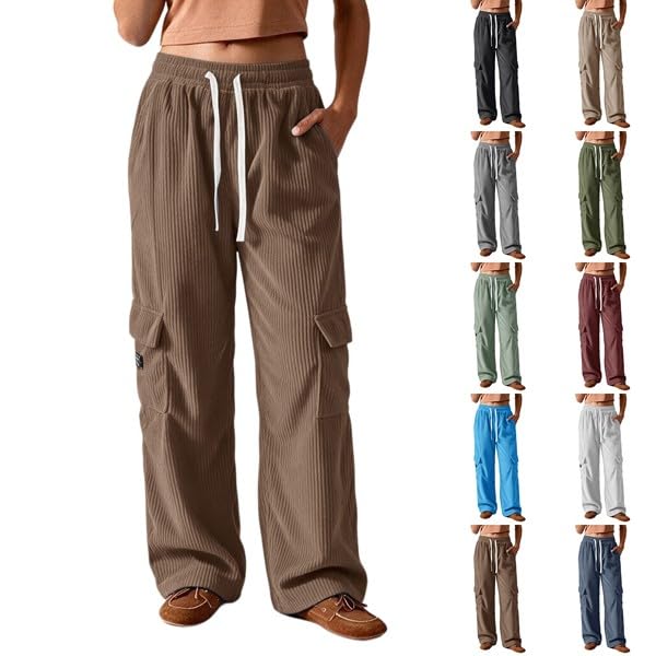 Womens Corduroy Pants Baggy Casual Wide Leg High Waist Cargo Pant Trousers - image 1