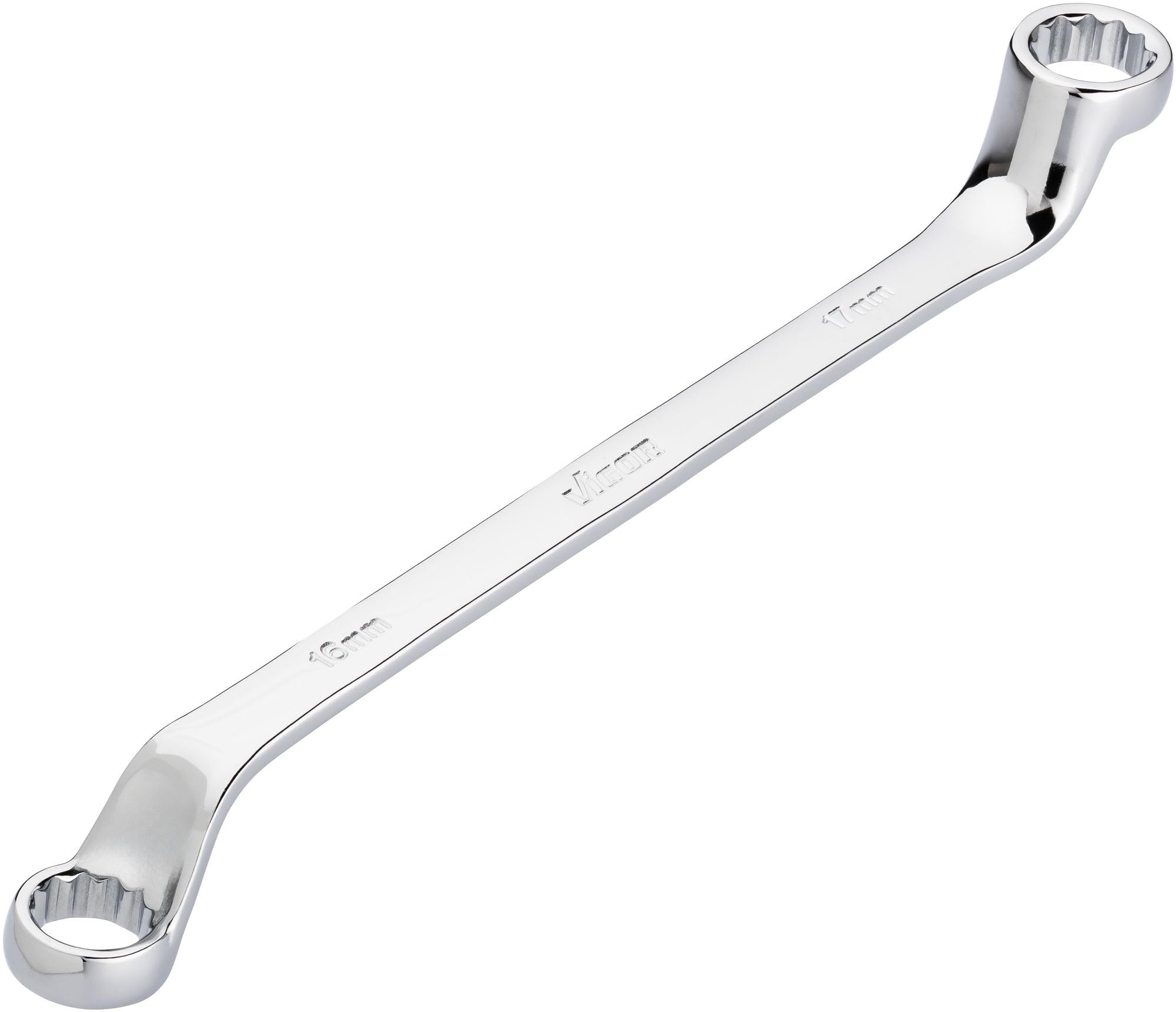 Vigor Double Ring Spanner V7750-16X17, SW 16 x 17 mm, External Double Hexagon Profile, 15 Degree Offset, 253 mm Length, Chrome-Plated, in Accordance with DIN 838/ISO 10104