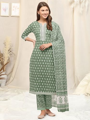 Image of MIRCHI FASHION Pure Cotton Straight Kurta Set with Dupatta | 3 Piece Ethnic Kurta Pant Set Office Wear Salwar Kurta Set for Women