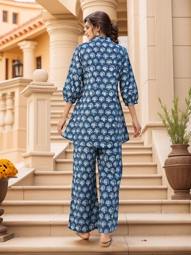 Image of NAINVISH Women's Floral Rayon Blend Co-ord Set | Straight Mandarin Collar Full Sleeve Top & Pant | Elegant Maroon, Blue Style | Ideal for Casual, Lunch, Evening Outings | Ladies Matching Outfit