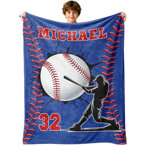 Batantec Personalized Baseball Blankets with Name Numbers Custom Baseball Team Throw Flannel Blankets Gifts for Adults Boys Girls Kids Baseball Lovers Sports Decor for Bedroom Living Room
