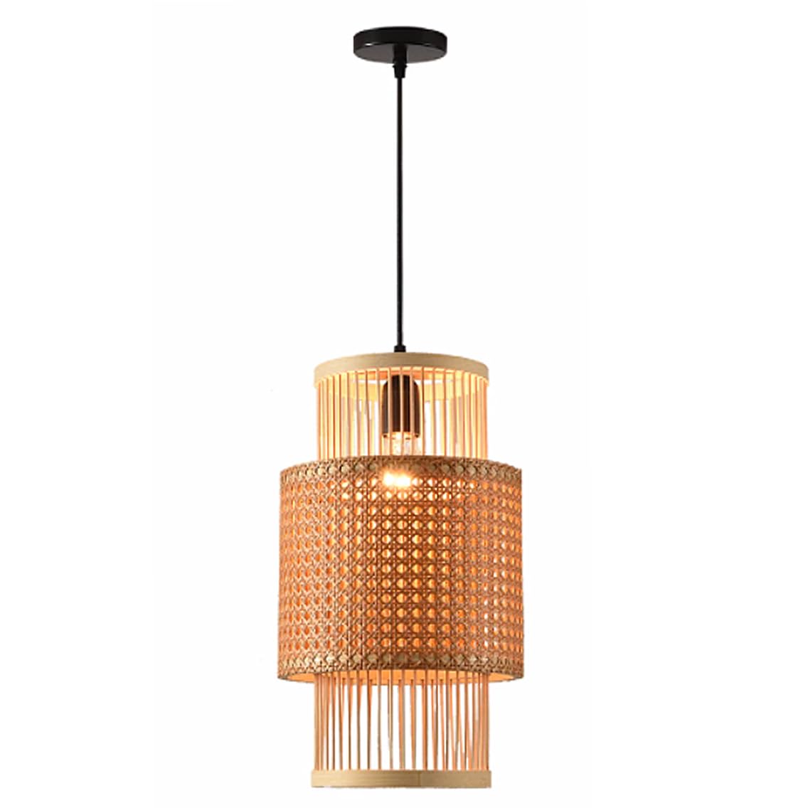CSSYKV Faux Parchment Lantern Long Bamboo Chandelier Hand Woven Pendant Lights Beige Rattan Chandeliers 2-Tiers Design Restaurant Pendant Lamp Fixtures for Bedroom Kitchen Island Sunroom Foyer