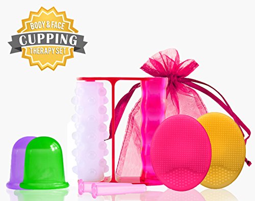 Premium Body Cupping Kit Gift SET with 2 Body Cups, Cellulite Roller, and Silicone Facial Brush. Reduces Wrinkles, Aging Lines, Cellulite. Increases Collagen & Blood Circulation, Exfoliation & More