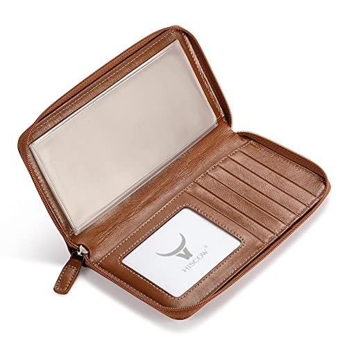 Image of HISCOW Leather Checkbook Cover, Zippered Wallet, Antiqued Brown | Full grain cowhide, 5cc & ID window, personal check book & register pockets, removable duplicate divider, women secure zipper