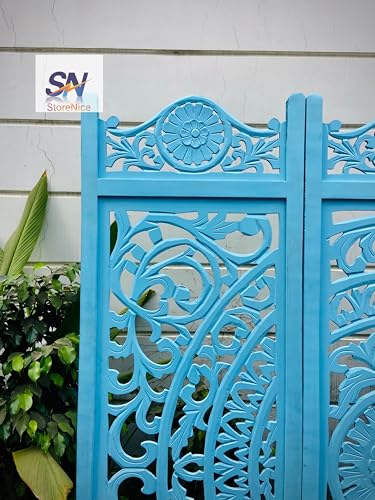 Image of Wooden Room Divider Partition for Living Room Bedroom & Office Foldable Modern Decorative Partition for Home, Pooja Room & Studio - Space Saving Freestanding (6 Feet 3 Panel Colour Blue)