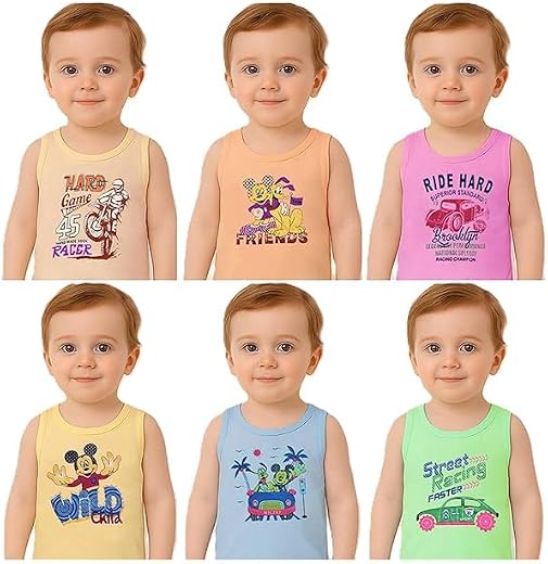 GSXMOL Boys Cotton Vests/Baniyan/Inner Wear - Regular Fit, Sleeveless, Printed Sandos for Girls, Boys and Kids Pack of 6