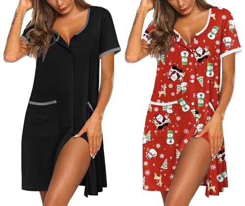 Image of Ekouaer 2 Pack Nightgowns for Women Button Down Houese Dress with Pockets