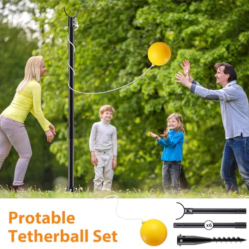 Tetherball Ball and Rope, Tetherball Pole Set Equipment with In-Ground Anchor for Dogs, Portable Tether Ball Kit with 2.8-8.5 FT Height Adjustable Metal Stand, Soft Paddled Rubber Ball for Backyard