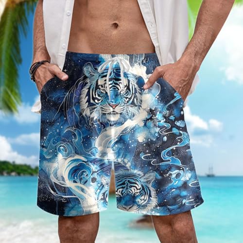 Tiger Lovers Men's Swim Trunks - Mighty Tiger Hawaiian Shorts for Men, Men's Summer Bathing Shorts Set 562