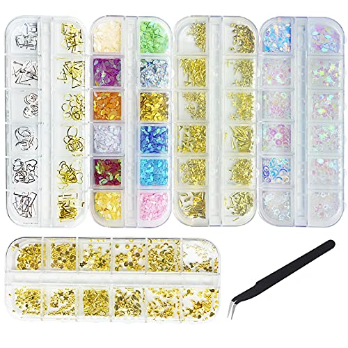 Nail Art Rivet, Jsdoin Nail Crystal Nail Gems Nail Art Supplies, Nail Design Kit, contains 5 Boxes of 60 Types,(3 Boxes Rivet +2 Boxes Sequins+1 Tweezers)